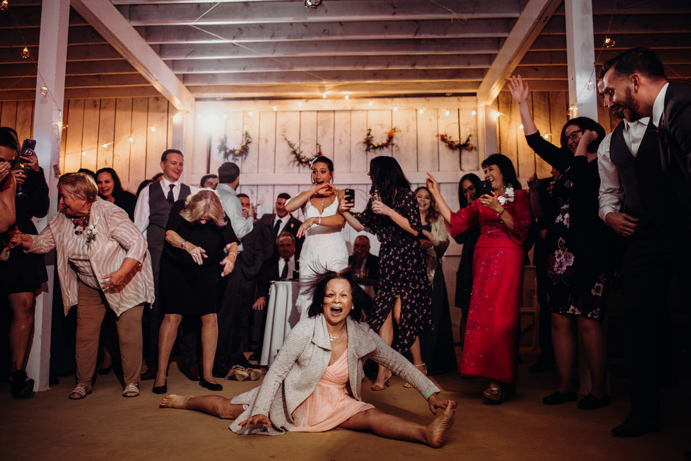 Joyful wedding guests dancing energetically on the dance floor, celebrating with the bride and groom at their lively reception, as captured by Lindsey Paradiso Photography.