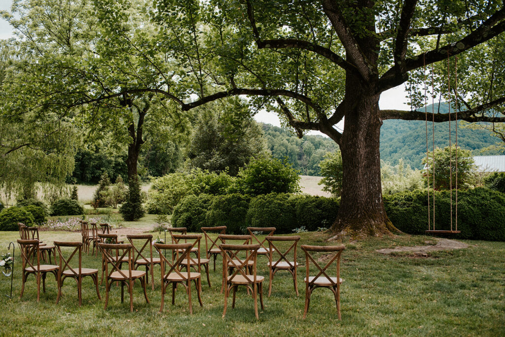 Outdoor wedding ceremony setup under a large tree with a swing — a meaningful and unique venue choice