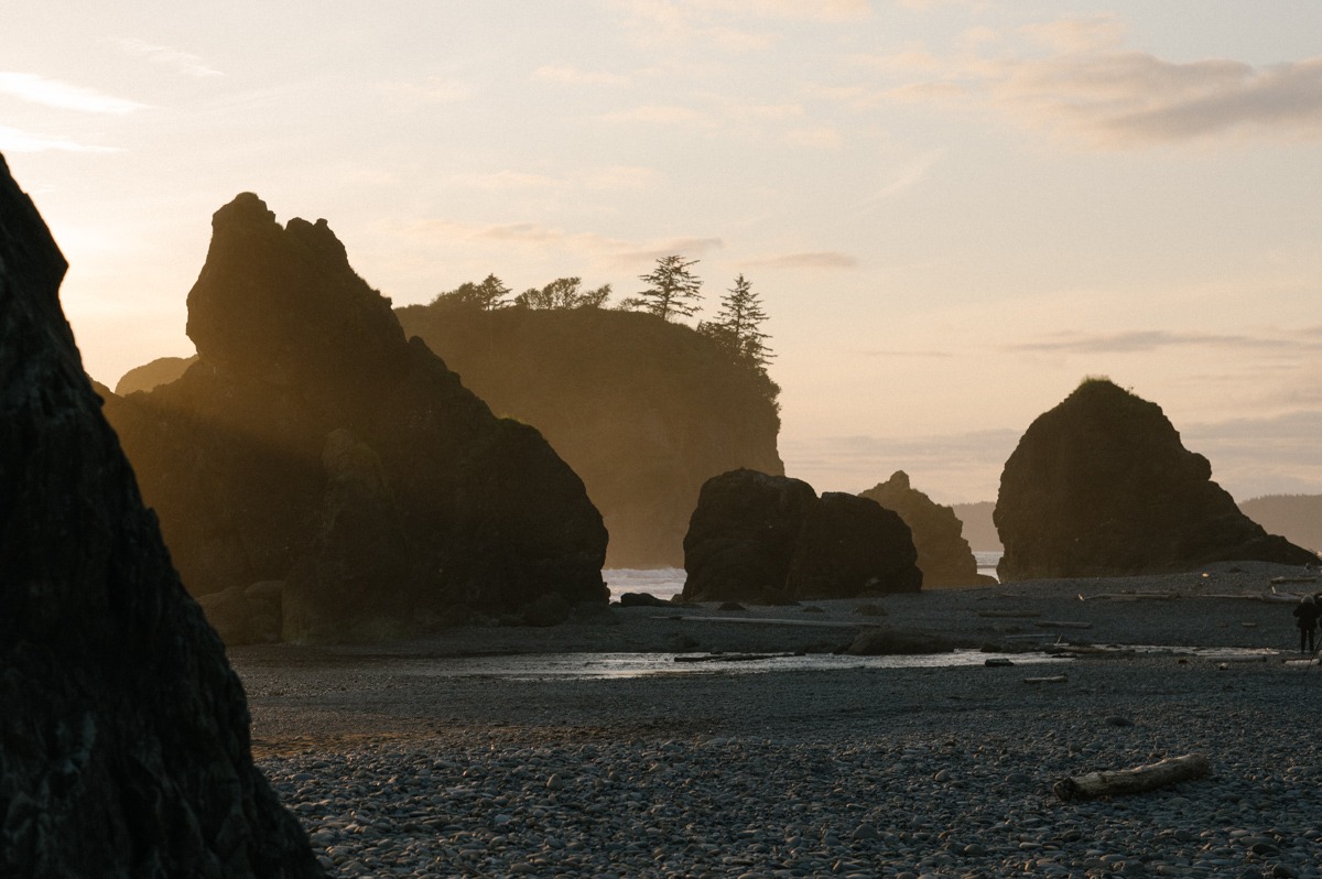 Ruby Beach at golden hour with sea stacks silhouetted against a warm sunset sky, Olympic National Park, Washington