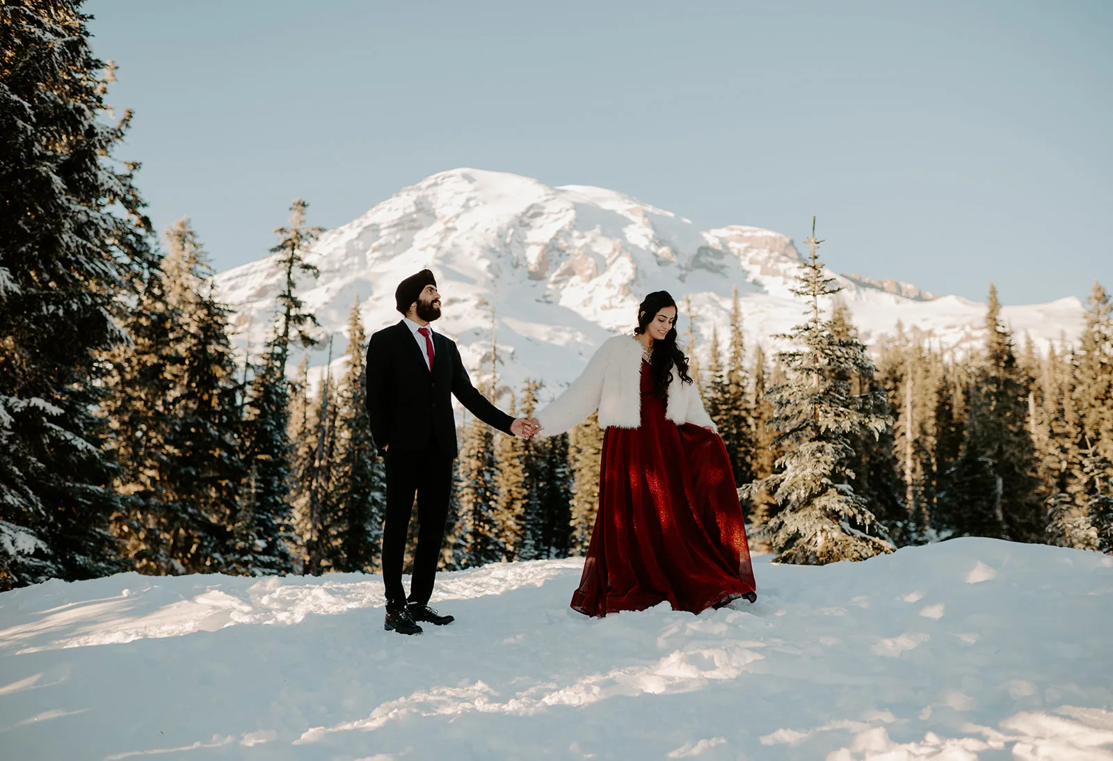 Winter engagement photographer at Mount Rainier National Park
