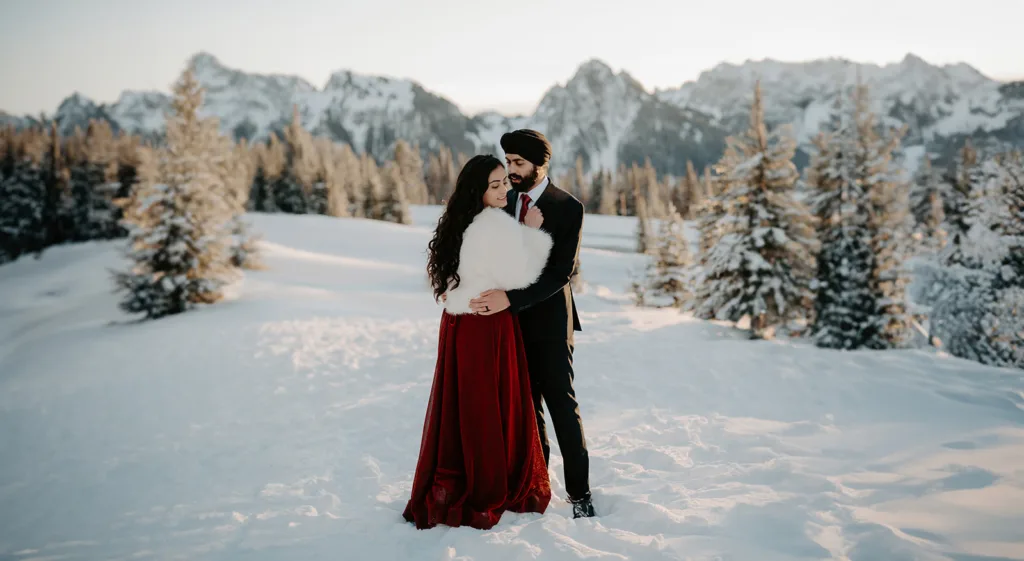 "Couple in red and black attire embraces in snowy mountains."