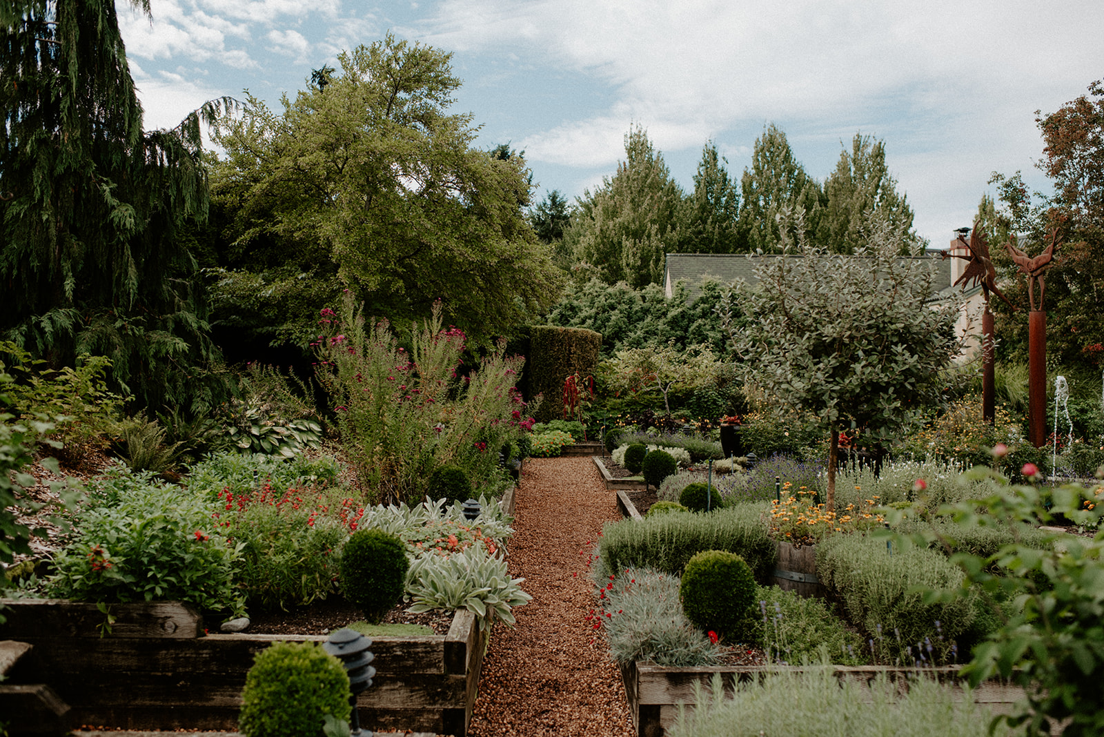 Terraced herb and flower garden with a gravel path winding through raised wooden beds at Willows Lodge in Woodinville