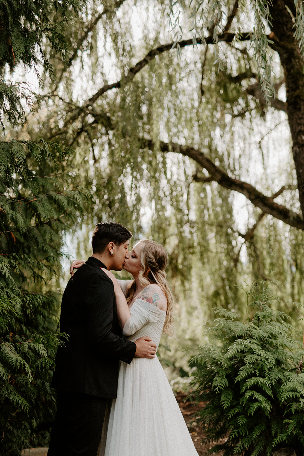 Couple kissing beneath a weeping willow tree, the soft hanging branches framing them from above