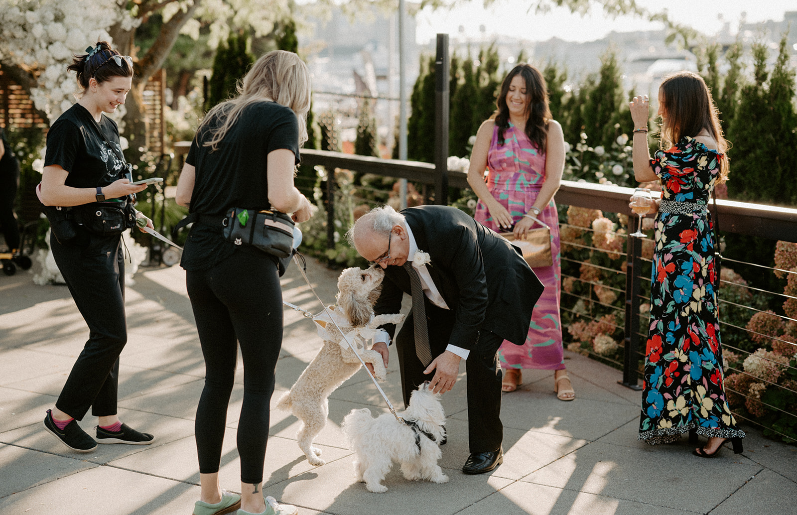 Wedding guests interacting with the couple’s dogs during the cocktail hour at Dockside at Duke’s.