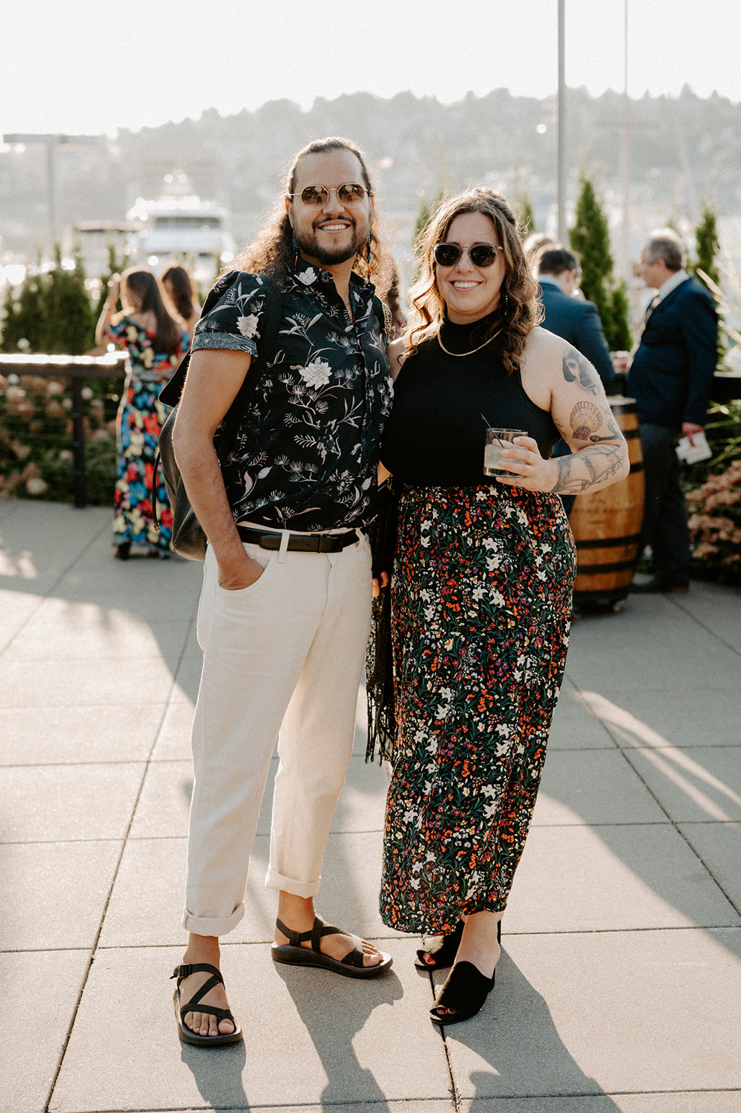 Wedding guests posing for a photo during the cocktail hour at Dockside at Duke’s.