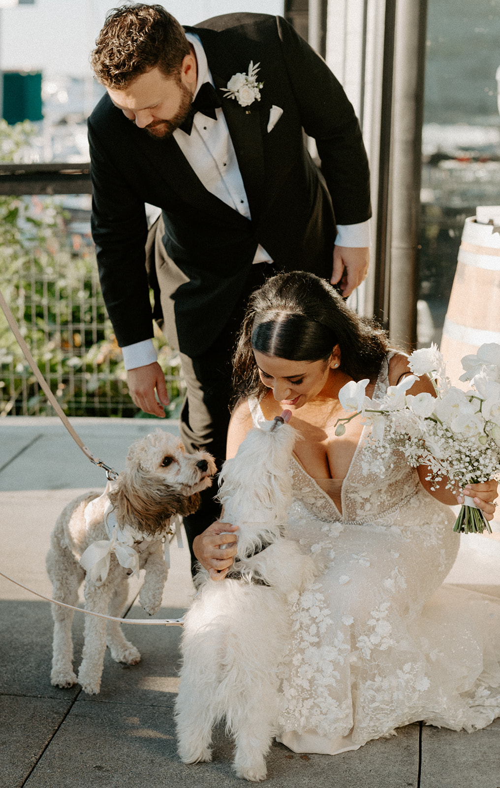 Bride happily playing with her dogs during the cocktail hour at Dockside at Duke’s wedding.