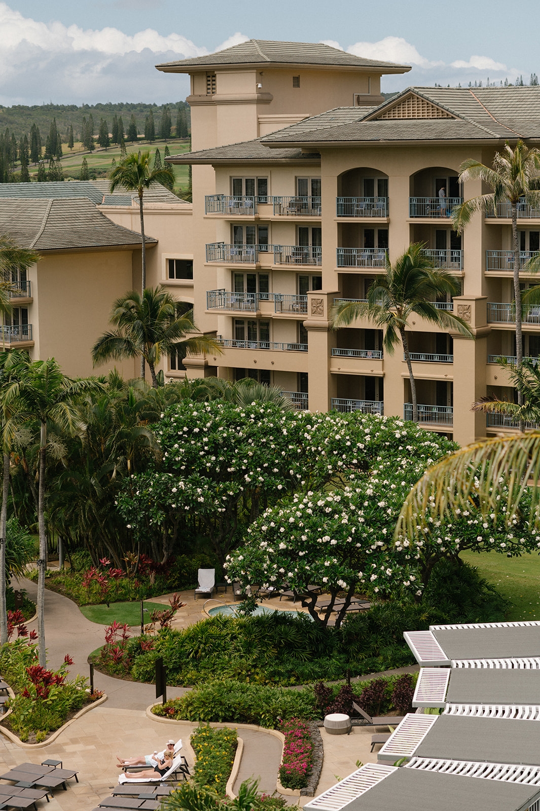 Aerial view of the Four Seasons Maui in Wailea surrounded by palm trees and tropical gardens on a sunny day.