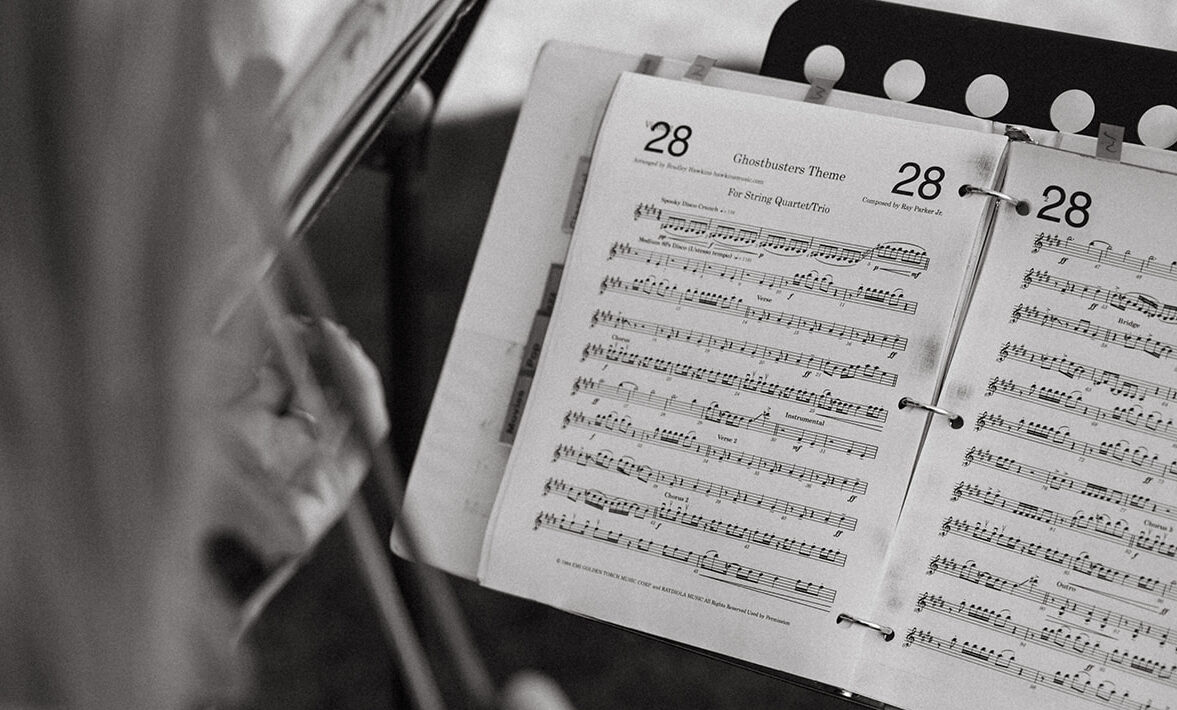 Sheet music for string quartet version of Ghostbusters theme