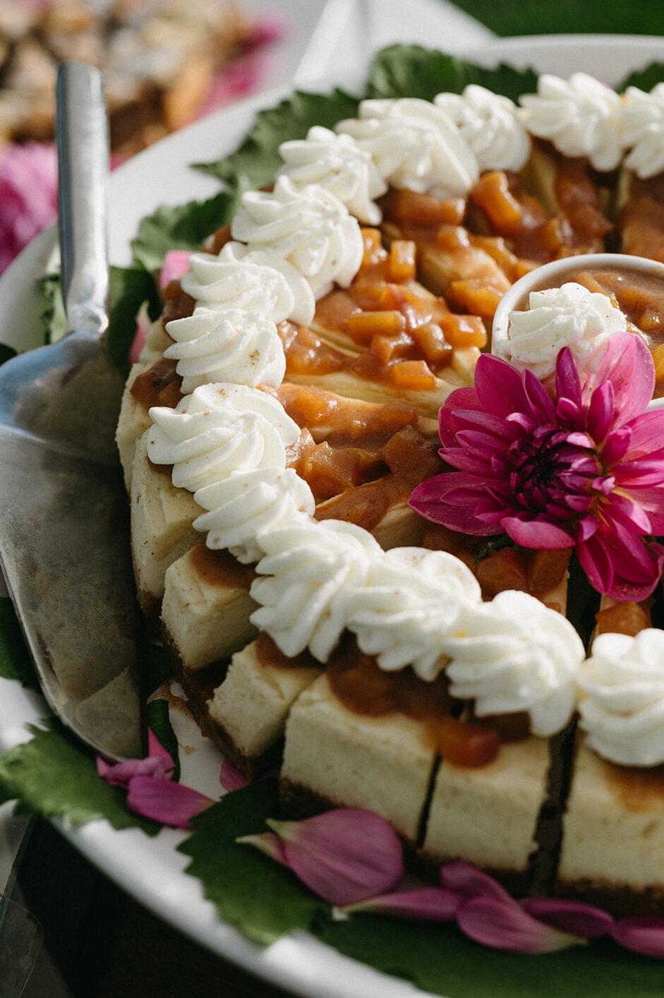 Cheesecake topped with caramelized fruit and whipped cream, garnished with flower petals.