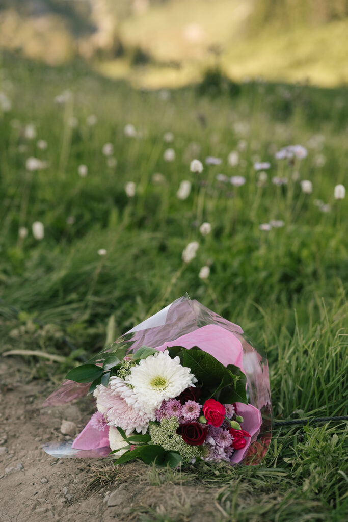 The marker bouquet left on the Paradise trail to signal the exact spot for a surprise Mount Rainier proposal