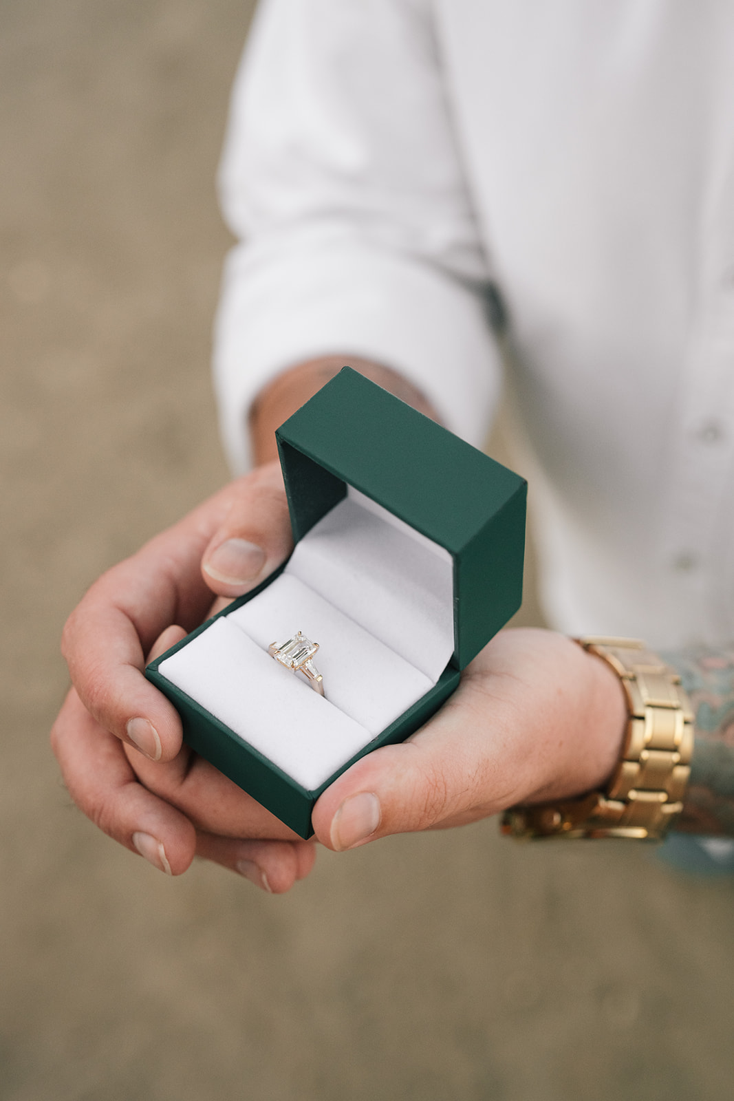 Diamond engagement ring in a deep green velvet box held during a surprise Mount Rainier proposal