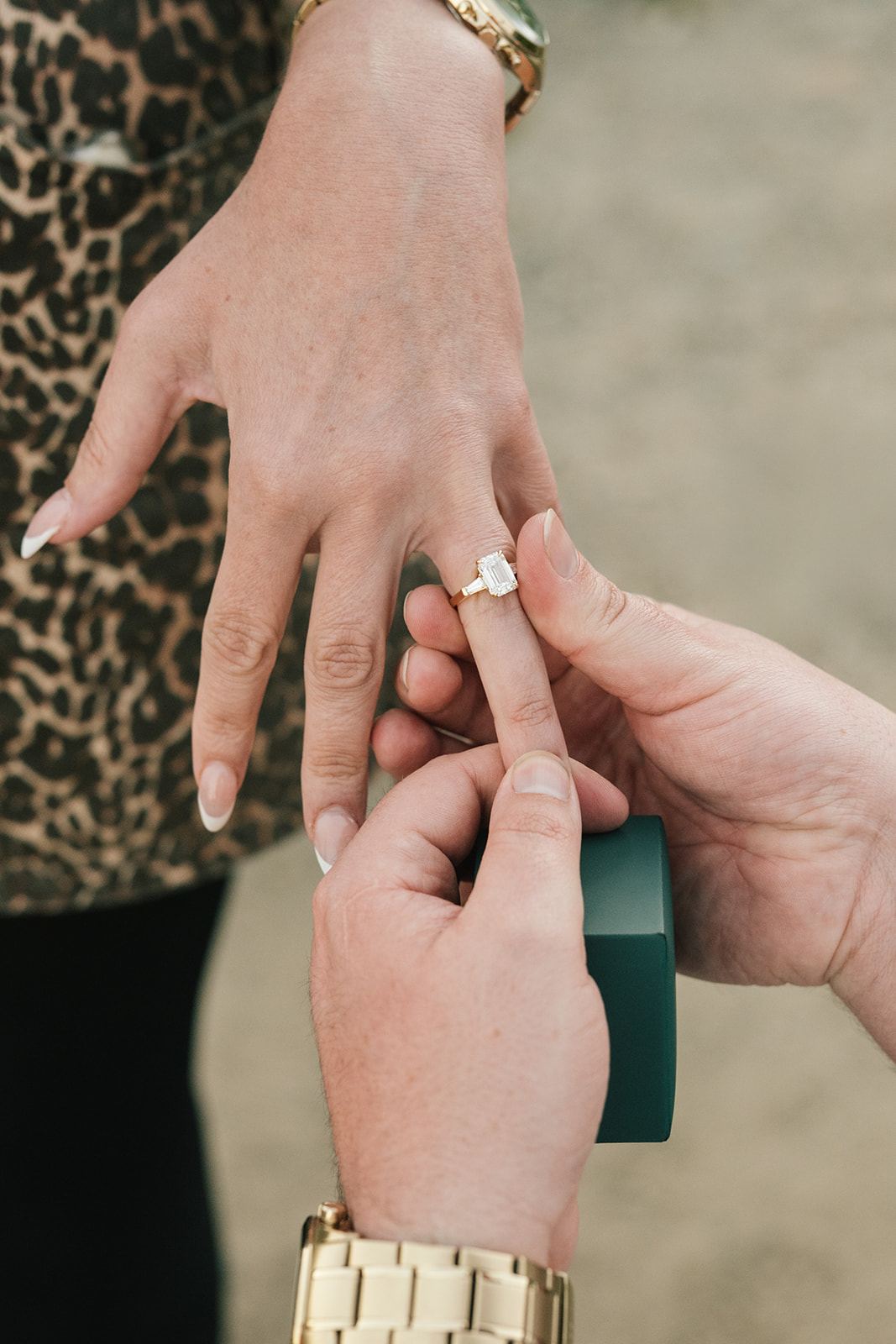 Groom-to-be slides the engagement ring onto her finger during a surprise Mount Rainier proposal