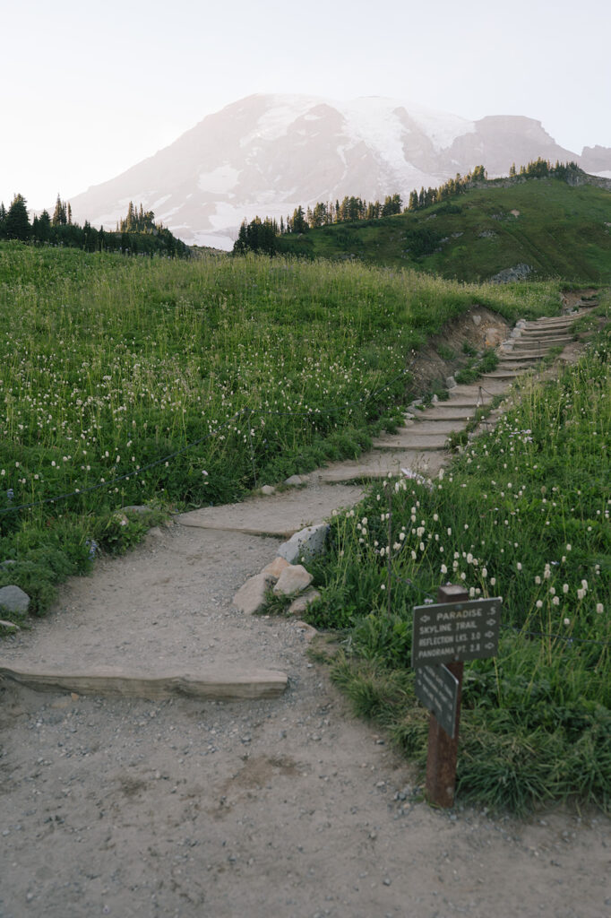 Trailhead sign for the Paradise Skyline Trail at Mount Rainier, the location of a surprise sunset proposal