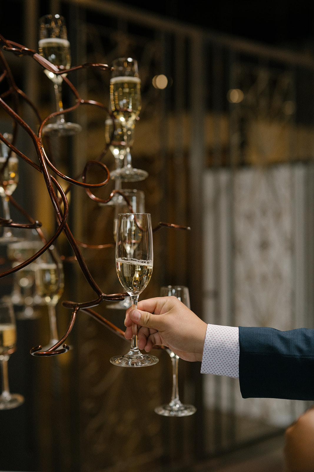 Champagne glasses displayed for wedding guests