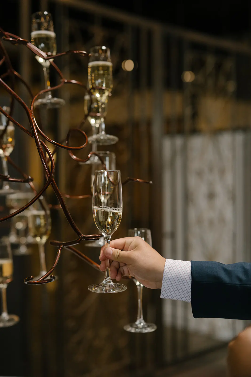Champagne glasses displayed for wedding guests