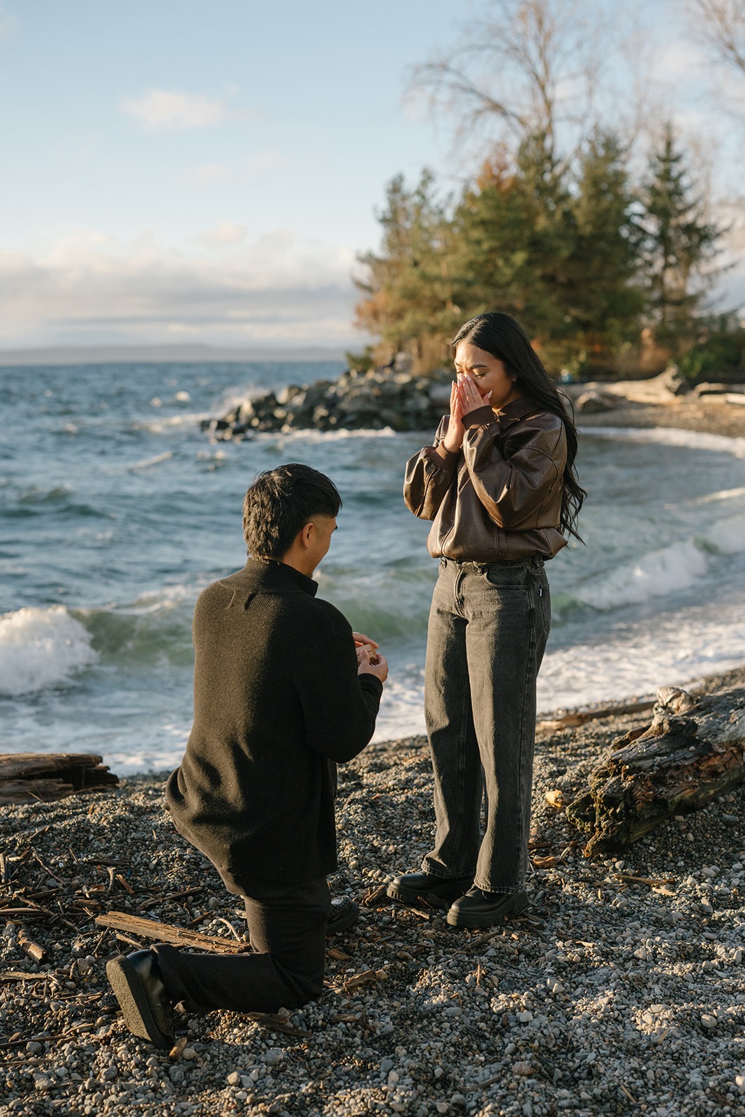 Bride-to-be's stunned reaction as her partner proposes at Pocket Beach in Seattle at golden hour