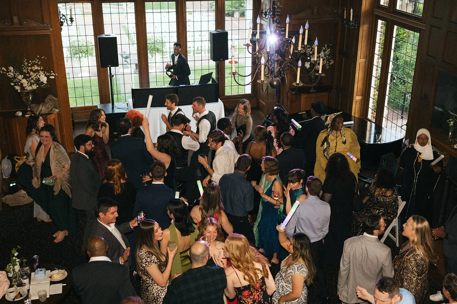 Overhead view of a crowded ballroom dance floor during a high-energy wedding reception at Lairmont Manor