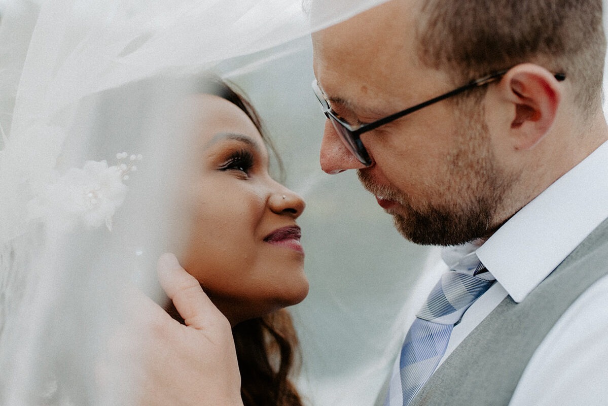 Soft veil portrait at an intimate Gold Creek Pond elopement in the Cascade Mountains
