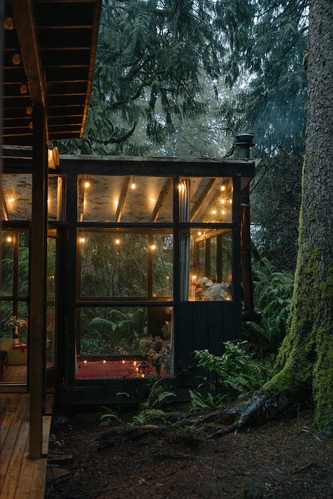 Glass sunroom cabin glowing with string lights tucked into the Cascade rainforest at Canyon Creek Cabins in Granite Falls, WA