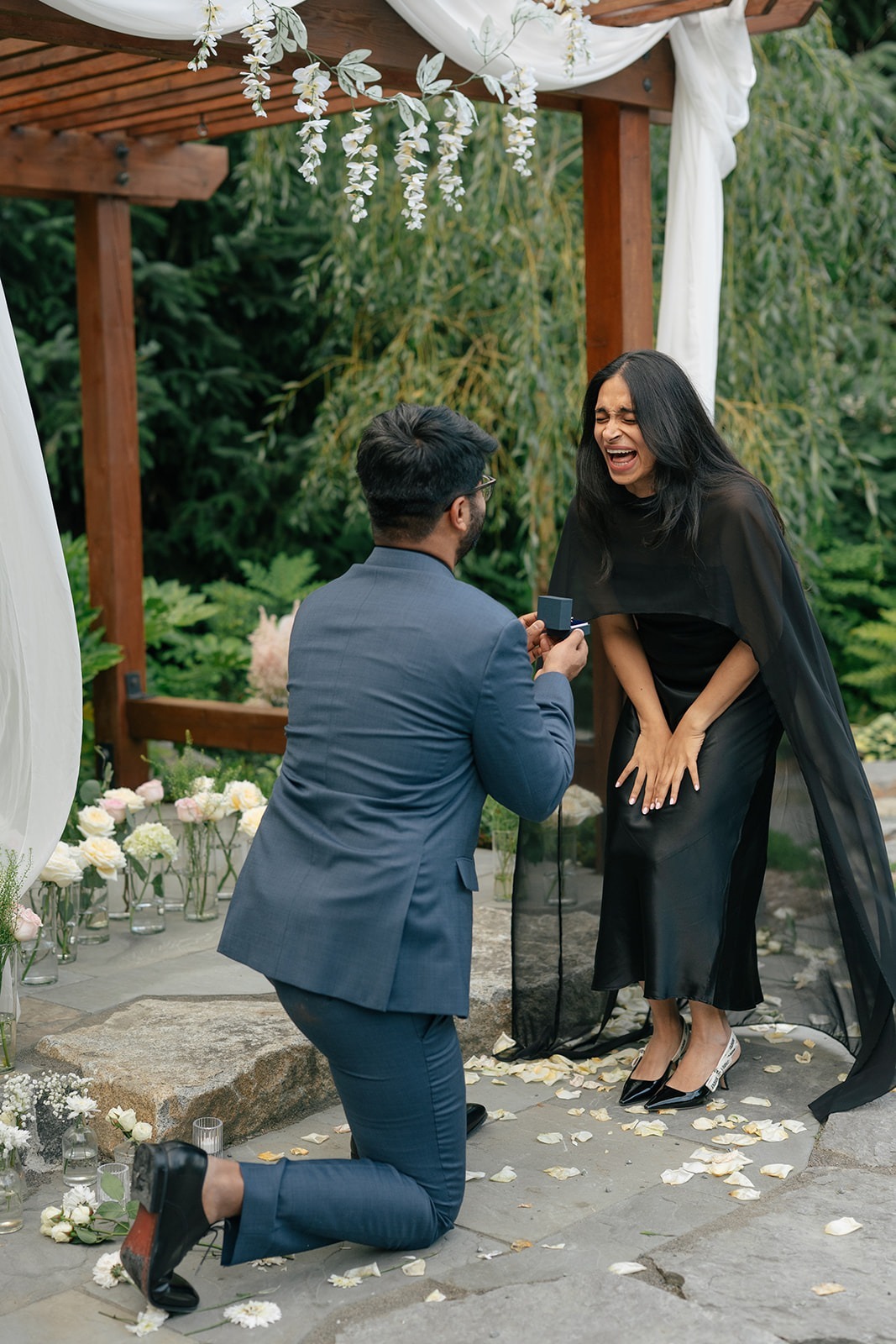 Priyanka's joyful reaction as Piyush proposes on one knee at their Woodinville proposal setup