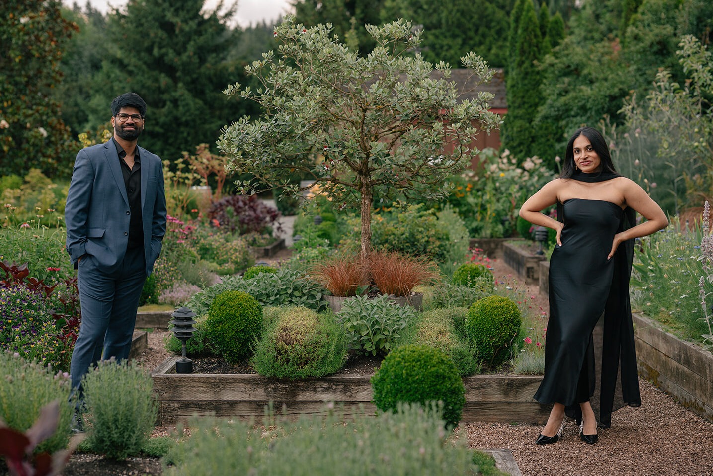 Individual portraits of Piyush and Priyanka in the herb gardens at Willows Lodge in Woodinville, WA